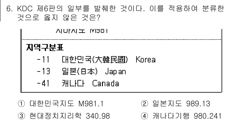 9급_지방직_공무원_자료조직개론 2018년 6번 - 주어진 표는 KDC 제6판의 국가 및 지역 분류 체계를 보여주고 있습니다... 에 관한 핵심 기출문제