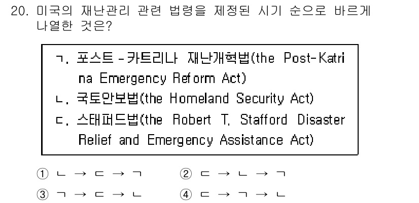 9급_지방직_공무원_재난관리론 2017년 20번 - 미국의 재난관리 관련 법령은 포스트-카트리나 재난개혁법이 가장 먼저 제정... 에 관한 핵심 기출문제