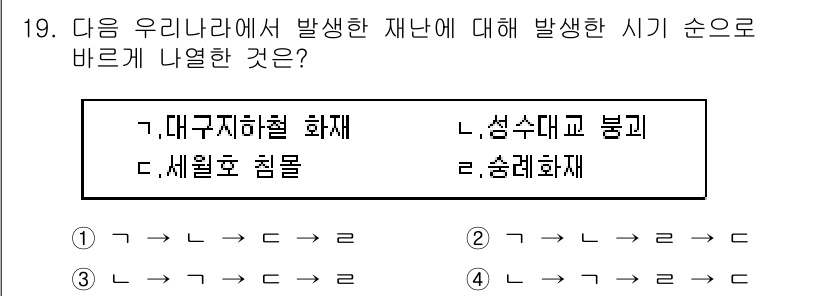 9급_지방직_공무원_재난관리론 2018년 19번 - 정답은 4번 "성수대교 붕괴"입니다. 성수대교는 1994년에 붕괴되어 이... 에 관한 핵심 기출문제