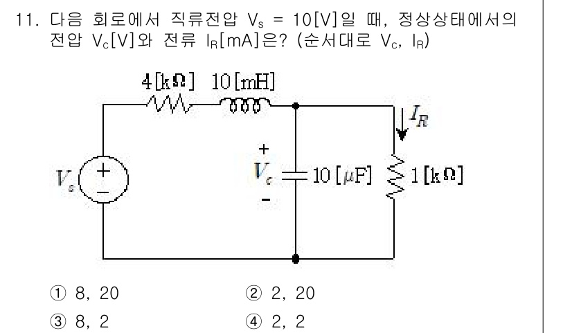9급_지방직_공무원_전기이론 2016년 11번 - 주어진 회로에서 정전압 \( V_s = 10[V] \)일 때, 커패시터의... 에 관한 핵심 기출문제