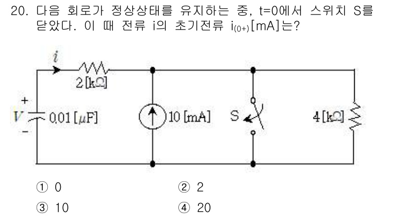 9급_지방직_공무원_전기이론 2016년 20번 - 주어진 회로에서 t=0에서는 스위치 S를 닫기 전의 초기 전류 i(0+)... 에 관한 핵심 기출문제