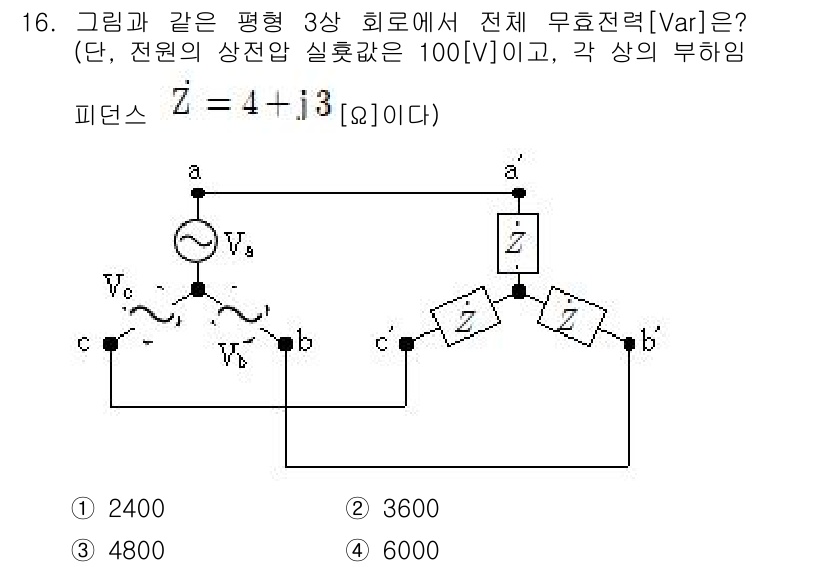 9급_지방직_공무원_전기이론 2018년 16번 - 문제에서 주어진 회로의 전체 무효 전력 \( Var \)를 계산하기 위해... 에 관한 핵심 기출문제