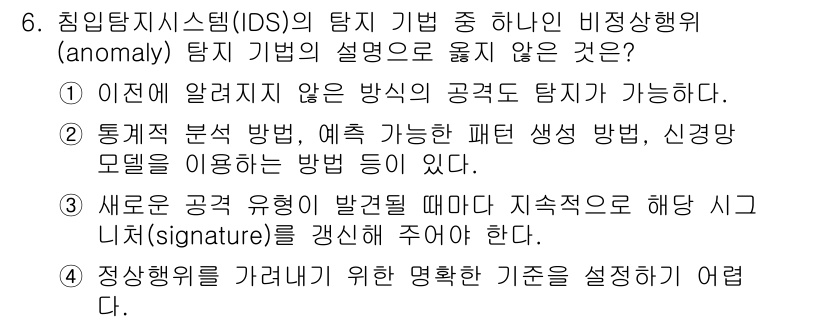 9급_지방직_공무원_정보보호론 2015년 6번 - 정답 3번은 새로운 공격 유형의 발견과 지속적인 변화에 대한 시그니처 기... 에 관한 핵심 기출문제