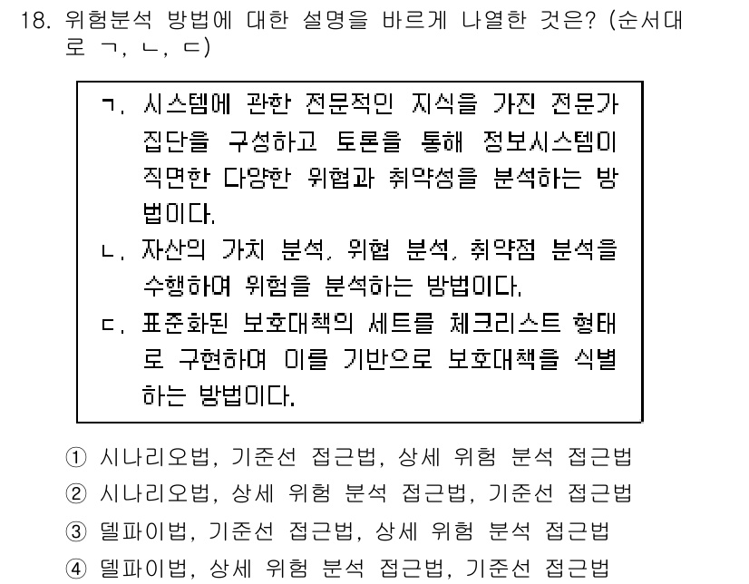 9급_지방직_공무원_정보보호론 2016년 18번 - 위험 분석 방법 중 시스템에 관한 전문적인 지식이 요구되는 답변은 정보 ... 에 관한 핵심 기출문제