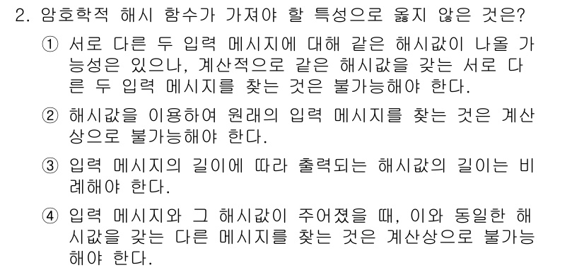 9급_지방직_공무원_정보보호론 2016년 2번 - 이유는 암호학적 해시 함수는 입력에 대해 고유한 출력을 생성해야 하며, ... 에 관한 핵심 기출문제