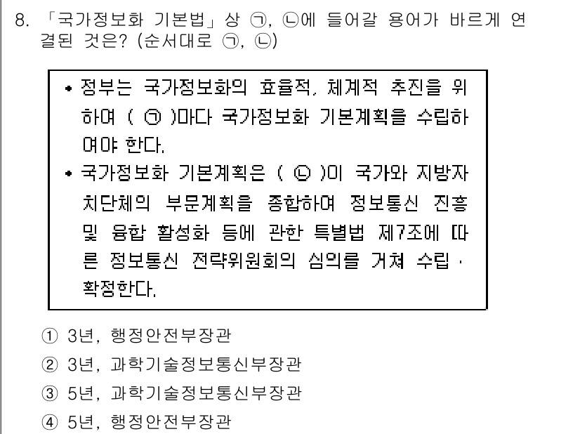 9급_지방직_공무원_정보보호론 2017년 8번 - 정답 3번이 유효한 이유는, 국가정보보호 기본법 제정의 목적이 정부의 정... 에 관한 핵심 기출문제