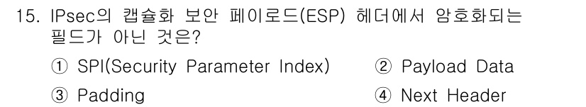 9급_지방직_공무원_정보보호론 2019년 15번 - IPsec의 캡슐화 보안 페이로드(ESP)에서는 암호화되지 않는 필드가 ... 에 관한 핵심 기출문제