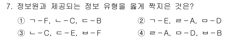 9급_지방직_공무원_정보봉사개론 2018년 7번 - 정보원과 제공되는 정보 유형을 일관되게 연결하면, 정보원은 E, 제공되는... 에 관한 핵심 기출문제