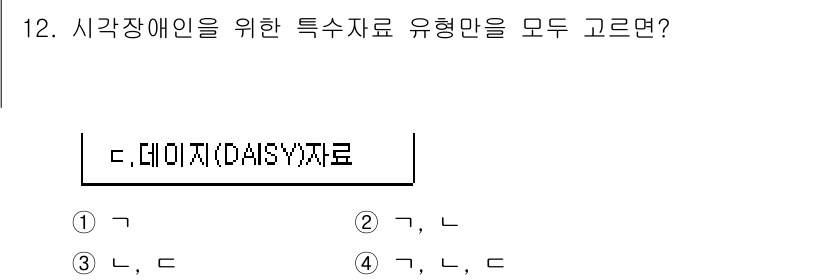 9급_지방직_공무원_정보봉사개론 2019년 12번 - 시각 장애인을 위한 특수자료 유형에는 DAISY(디지털 접근성 정보 시스... 에 관한 핵심 기출문제