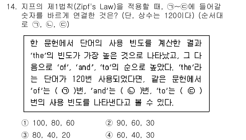 9급_지방직_공무원_정보봉사개론 2019년 14번 - Zipf's Law에 따르면, 단어 사용 빈도는 로그 스케일로 분포하여 ... 에 관한 핵심 기출문제