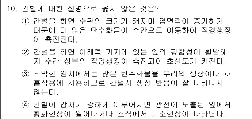 9급_지방직_공무원_조림 2016년 10번 - 간벌이란 수목의 크기가 커지면 엽면적이 증가하기 때문에 더 많은 탄소흡수... 에 관한 핵심 기출문제