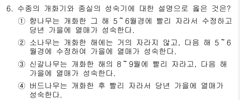 9급_지방직_공무원_조림 2017년 6번 - 수종의 개화기와 종실의 성숙기에 대한 설명에서, 1번과 3번은 개화 후의... 에 관한 핵심 기출문제