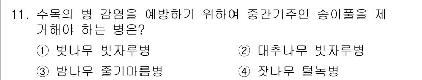 9급_지방직_공무원_조림 2019년 11번 - 정답은 3번, 밤나무 줄기겸병입니다. 이 병은 수목의 병 강염을 예방하기... 에 관한 핵심 기출문제