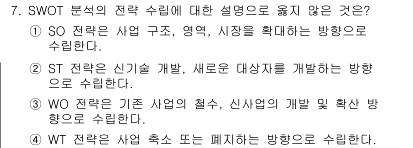 9급_지방직_공무원_지역사회간호학 2016년 7번 - . WT 전략은 내부 약점과 외부 위협을 동시에 고려하여 사업 축소나 폐... 에 관한 핵심 기출문제