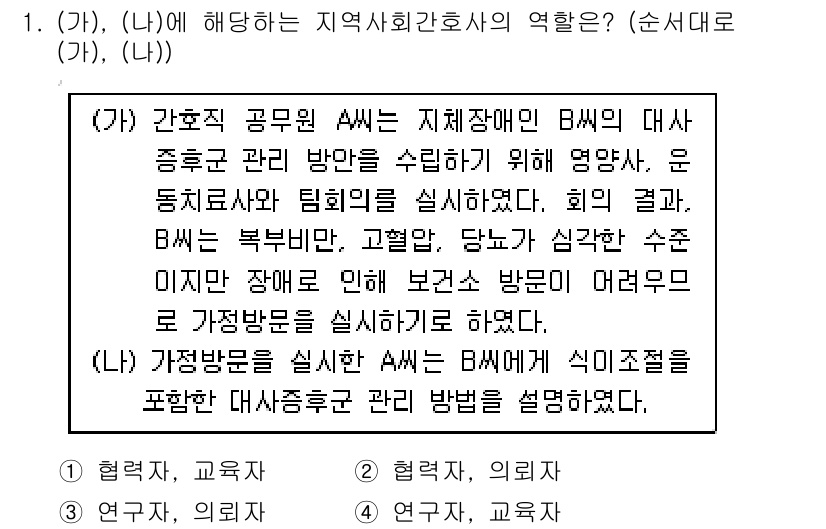 9급_지방직_공무원_지역사회간호학 2017년 1번 - 문제에서 A는 지역사회 간호사의 역할을 수행하며, B는 기관의 관리 책임... 에 관한 핵심 기출문제
