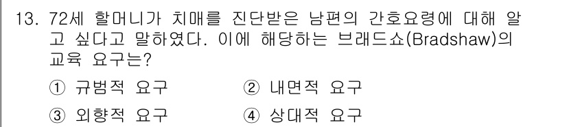 9급_지방직_공무원_지역사회간호학 2018년 13번 - 브래드쇼의 교육 요구에서 상지원리는 개인의 필요와 상황을 고려하여 맞춤형... 에 관한 핵심 기출문제