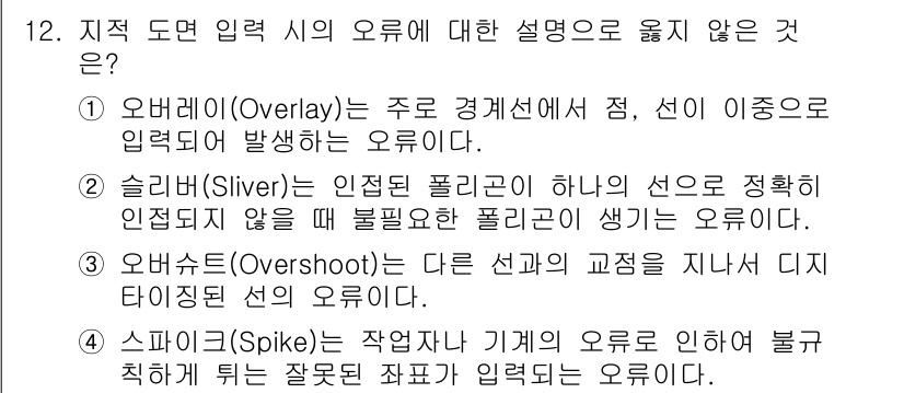 9급_지방직_공무원_지적전산학개론 2016년 12번 - 오버레이(Overlay)는 주로 경계선에서 발생하는 오류로, 입력된 형상... 에 관한 핵심 기출문제