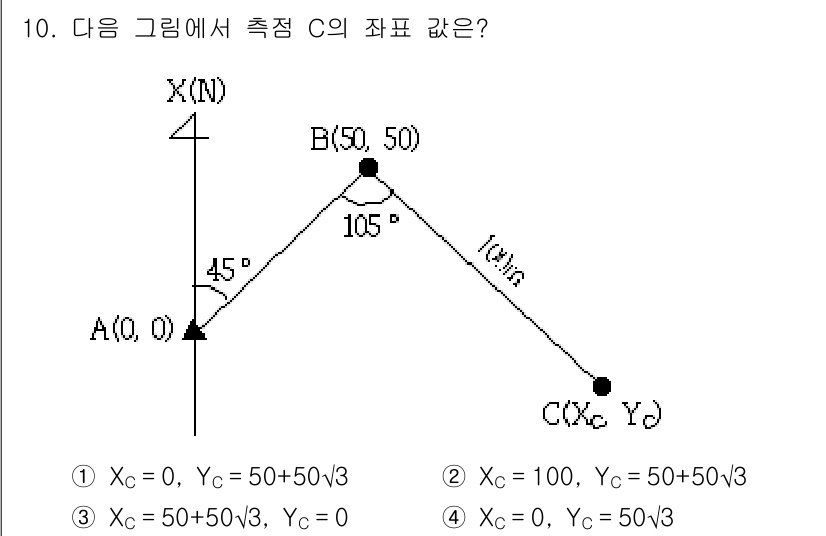 9급_지방직_공무원_지적측량 2016년 10번 - 주어진 도형에서 점 A(0, 0)에서 B(50, 50)까지의 거리와 각도... 에 관한 핵심 기출문제
