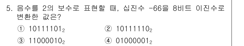 9급_지방직_공무원_컴퓨터일반 2015년 5번 - 주어진 수 -66을 8비트 이진수로 표현하려면 먼저 10진수 66을 이진... 에 관한 핵심 기출문제