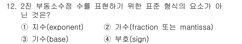 9급_지방직_공무원_컴퓨터일반 2016년 12번 - 2진 부동소수점 수를 표현하기 위한 표준 형식에서는 기수(exponent... 에 관한 핵심 기출문제
