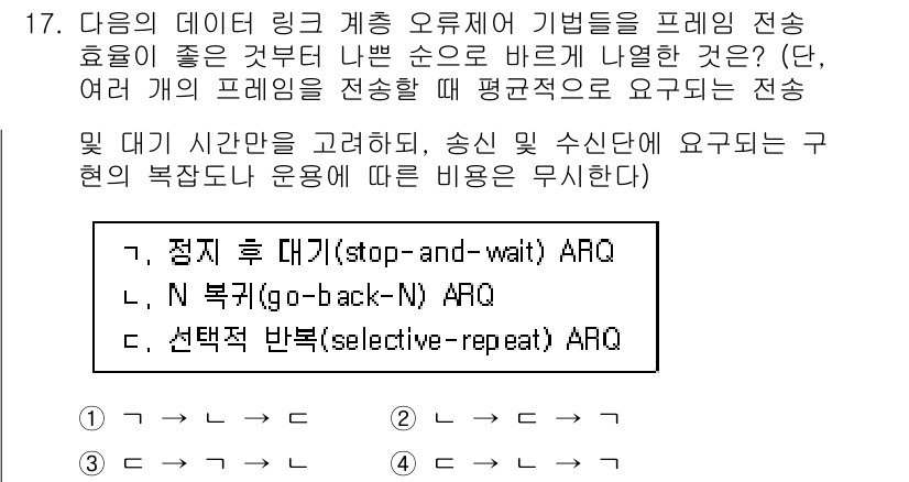 9급_지방직_공무원_컴퓨터일반 2016년 17번 - 정답 4번인 선택적 반복 ARQ(Selective Repeat ARQ)는... 에 관한 핵심 기출문제