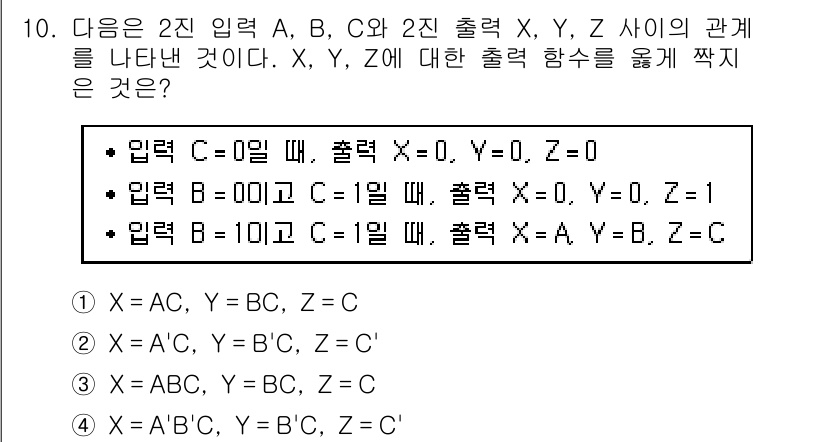 9급_지방직_공무원_컴퓨터일반 2017년 10번 - 정답 3번입니다. 

입력 C가 0일 때 출력 X와 Y는 0이고 Z는 0... 에 관한 핵심 기출문제