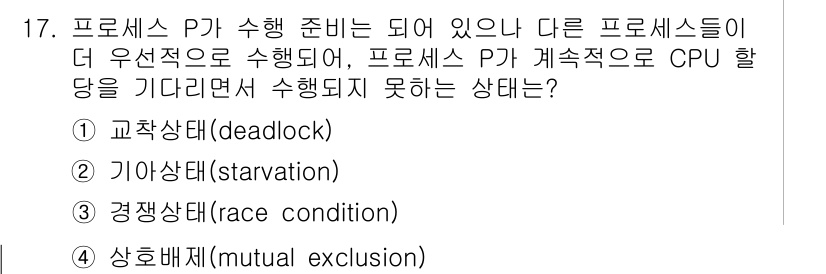 9급_지방직_공무원_컴퓨터일반 2017년 17번 - 정답은 ② 기아상태(starvation)입니다. 기아상태는 특정 프로세스... 에 관한 핵심 기출문제