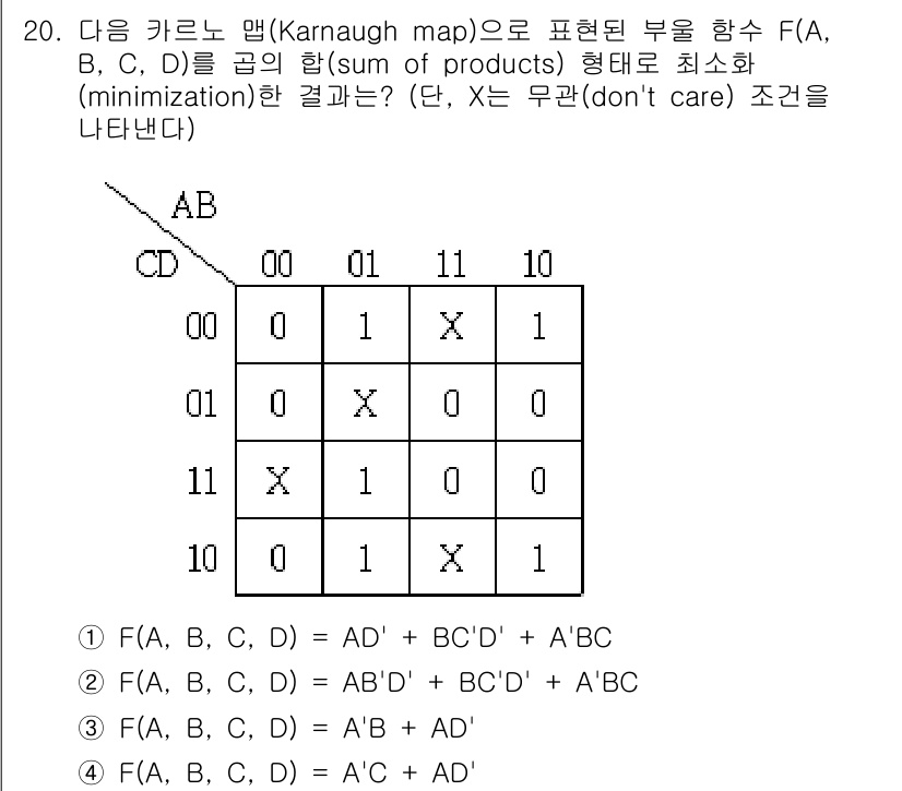 9급_지방직_공무원_컴퓨터일반 2018년 20번 - 주어진 문제는 카르노 맵을 사용하여 논리식을 최소화하는 것입니다. X가 ... 에 관한 핵심 기출문제