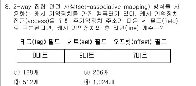 9급_지방직_공무원_컴퓨터일반 2018년 8번 - 2-way 집합 연산에서 캐시 메모리의 태그(tag), 세트(set), ... 에 관한 핵심 기출문제