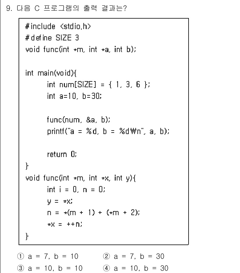 9급_지방직_공무원_컴퓨터일반 2018년 9번 - 주어진 C 프로그램에서, `func` 함수는 첫 번째 인자 `m`을 통해... 에 관한 핵심 기출문제