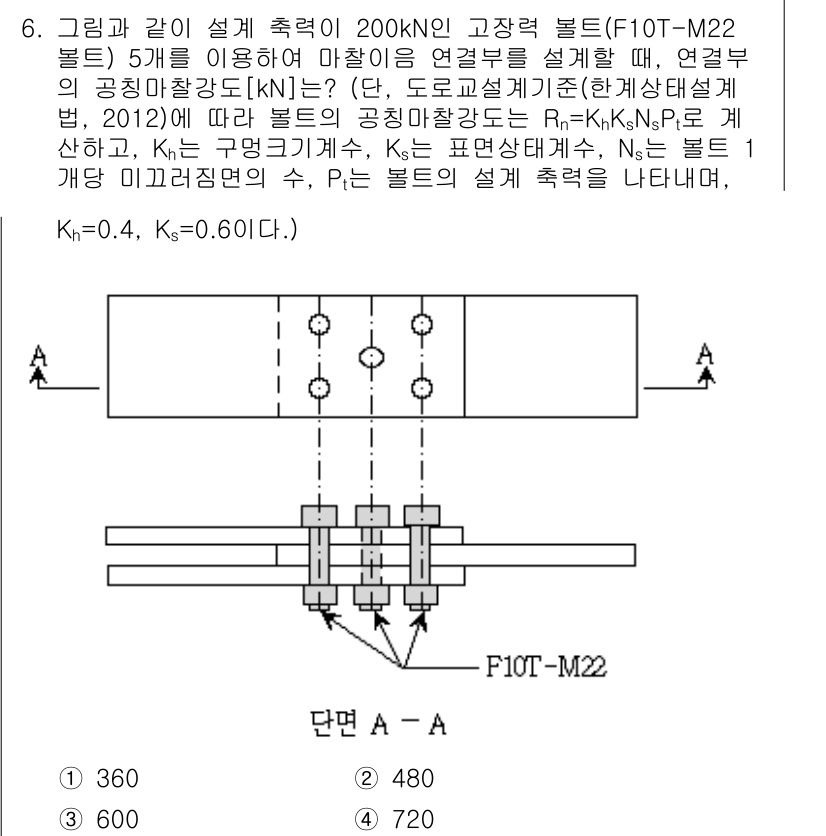 9급_지방직_공무원_토목설계 2015년 6번 - 문제에서 주어진 바탕 위에 설계 기준을 적용하여 볼트의 강도와 관련된 값... 에 관한 핵심 기출문제