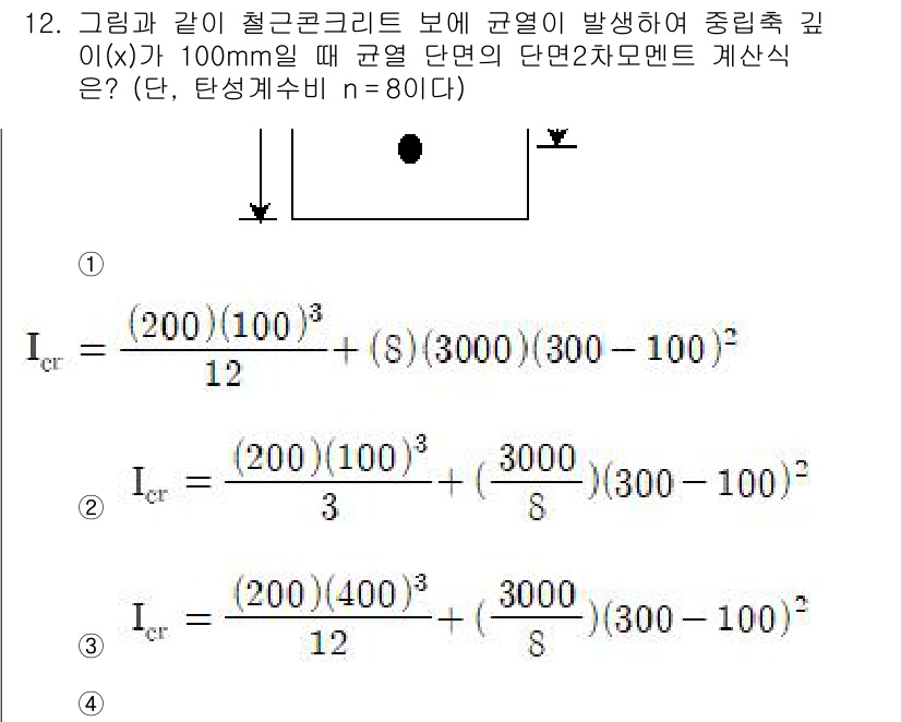 9급_지방직_공무원_토목설계 2016년 13번 - 주어진 문제는 중립축이 있는 철근 콘크리트 보의 단면 모멘트를 구하는 것... 에 관한 핵심 기출문제