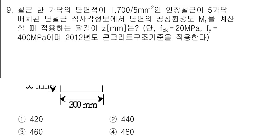 9급_지방직_공무원_토목설계 2017년 10번 - 주어진 데이터에 따라 단면의 공칭향강도 \(M_n\)을 계산할 때, 철근... 에 관한 핵심 기출문제