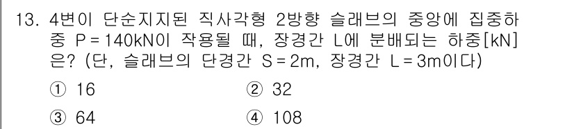 9급_지방직_공무원_토목설계 2018년 13번 - 토목설계 문제에서, 슬래브의 중앙에 작용하는 하중을 분석할 때, 주어진 ... 에 관한 핵심 기출문제