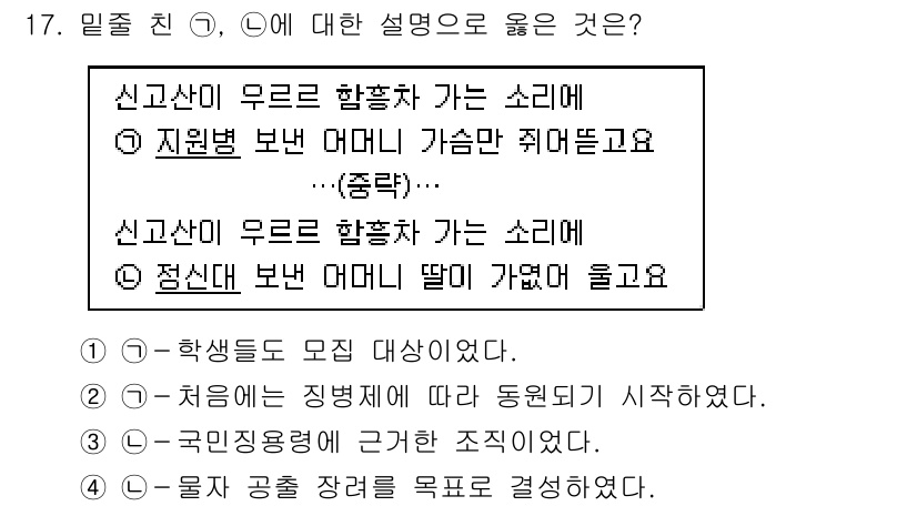 9급_지방직_공무원_한국사 2019년 17번 - 신간산이 우로 함홉차로 가는 소리는 지질적 변화와 관련이 있으며, 이는 ... 에 관한 핵심 기출문제