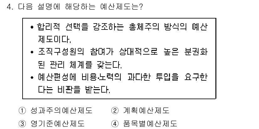 9급_지방직_공무원_행정학개론 2018년 4번 - 이 예산제도는 조직 구성원의 참여를 강조하며, 분권화된 권한을 통해 예산... 에 관한 핵심 기출문제