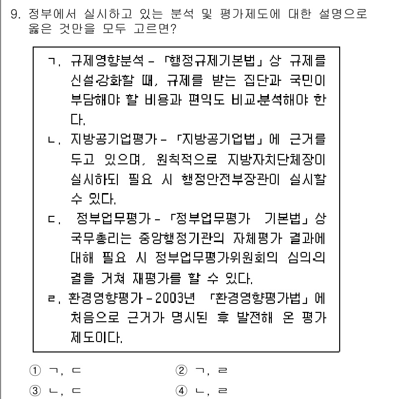 9급_지방직_공무원_행정학개론 2018년 9번 - 정답인 이유: 규제영향분석은 정부 정책의 효과를 사전에 분석하여 국민의 ... 에 관한 핵심 기출문제