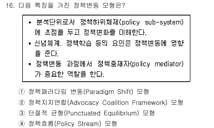 9급_지방직_공무원_행정학개론 2019년 16번 - 정책변동은 다양한 이해관계자 간의 협력과 갈등을 통해 발생하는데, 이는 ... 에 관한 핵심 기출문제