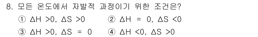9급_지방직_공무원_화학 2015년 8번 - 모든 온도에서 자발적 과정이 되기 위해서는 ΔG가 0보다 작아야 하며, ... 에 관한 핵심 기출문제