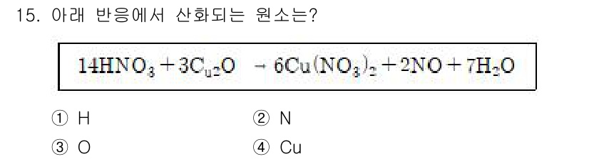 9급_지방직_공무원_화학공학일반 2016년 15번 - 주어진 반응식은 $14\text{HNO}_3 + 3\text{Cu} \r... 에 관한 핵심 기출문제