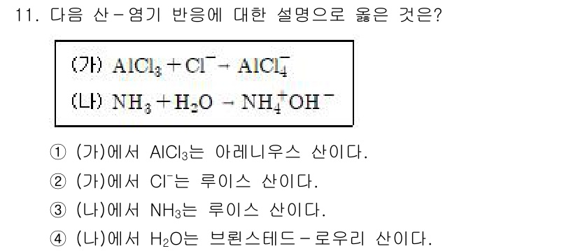 9급_지방직_공무원_화학 2017년 11번 - 주어진 반응에서 (가)의 AlCl₃는 아레니우스 산으로, 수용액에서 산성... 에 관한 핵심 기출문제