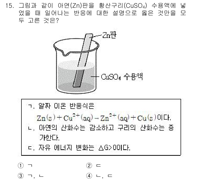 9급_지방직_공무원_화학 2017년 15번 - 이 반응에서 아연(Zn)은 더 산화되기 쉬운 금속이므로 구리(Cu) 이온... 에 관한 핵심 기출문제