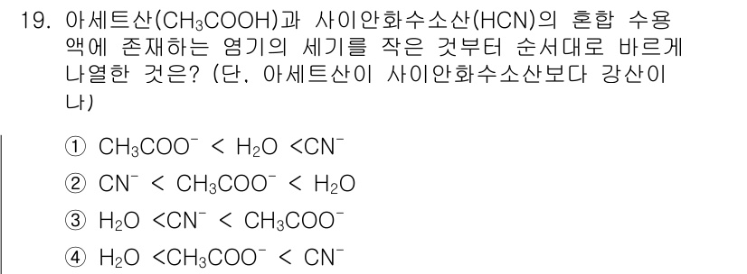9급_지방직_공무원_화학공학일반 2019년 19번 - 아세트산(CH₃COOH)과 사이안화수소산(HCN)의 혼합 수용액에서 일어... 에 관한 핵심 기출문제