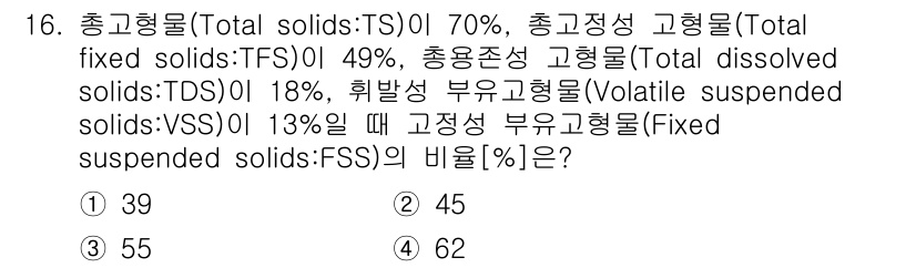 9급_지방직_공무원_환경공학개론 2017년 16번 - 총 고형물(Total solids, TS)의 비율을 이용해 고형물의 각 ... 에 관한 핵심 기출문제