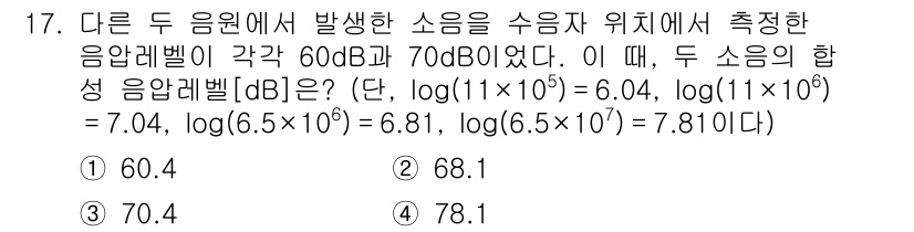 9급_지방직_공무원_환경공학개론 2017년 17번 - 두 소음의 강도는 데시벨로 주어졌으므로, 소음 강도를 계산하기 위해 데시... 에 관한 핵심 기출문제