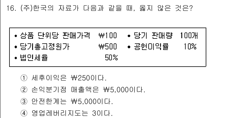 9급_지방직_공무원_회계학 2017년 16번 - 주어진 데이터에서 법인세율 50%를 적용했을 때, 세후 수익을 계산해야 ... 에 관한 핵심 기출문제