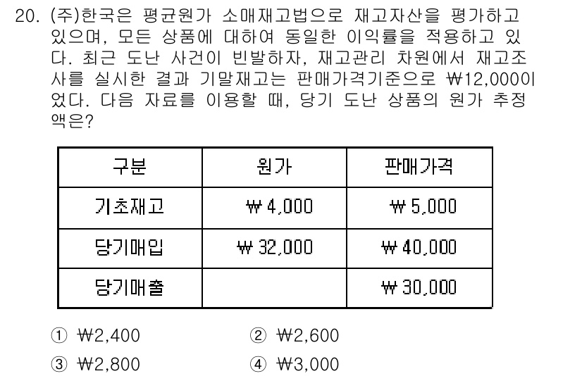 9급_지방직_공무원_회계학 2017년 20번 - 재고자산의 적정 평가를 위해 원가(₩32,000)와 판매가격(₩40,00... 에 관한 핵심 기출문제