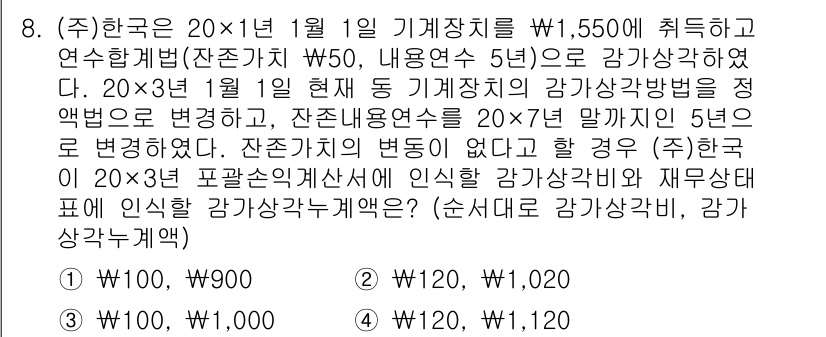 9급_지방직_공무원_회계학 2017년 8번 - 문제에서 주어진 회계기준에 따라, 기계장치의 평균손실법으로 감가상각을 계... 에 관한 핵심 기출문제
