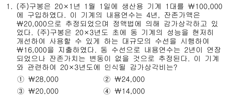 9급_지방직_공무원_회계학 2018년 1번 - (주)구룡의 기계에 대한 내용연수와 잔존가치를 고려했을 때, 감가상각은 ... 에 관한 핵심 기출문제