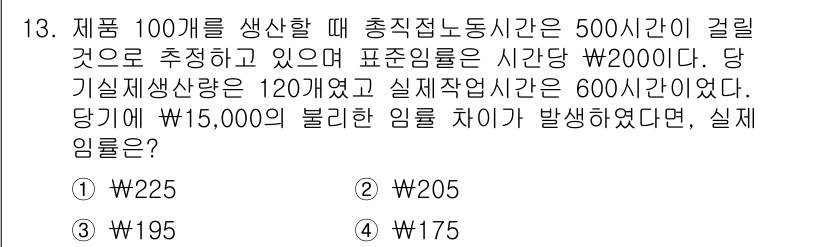 9급_지방직_공무원_회계학 2018년 13번 - 문제에서 총 생산량은 100개이며, 예상 임금은 표준 생산량 기준인 20... 에 관한 핵심 기출문제